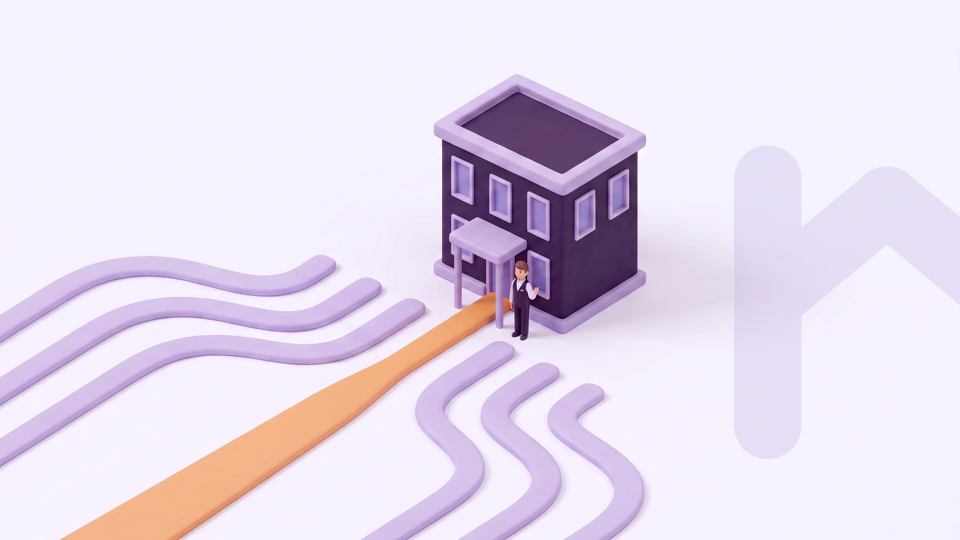 Soft-3D-Illustration: mehrere blasse Wege verlaufen sich, ein kräftiger Weg führt ohne Umweg zum Eingang eines Hotels, wo Felix wartet