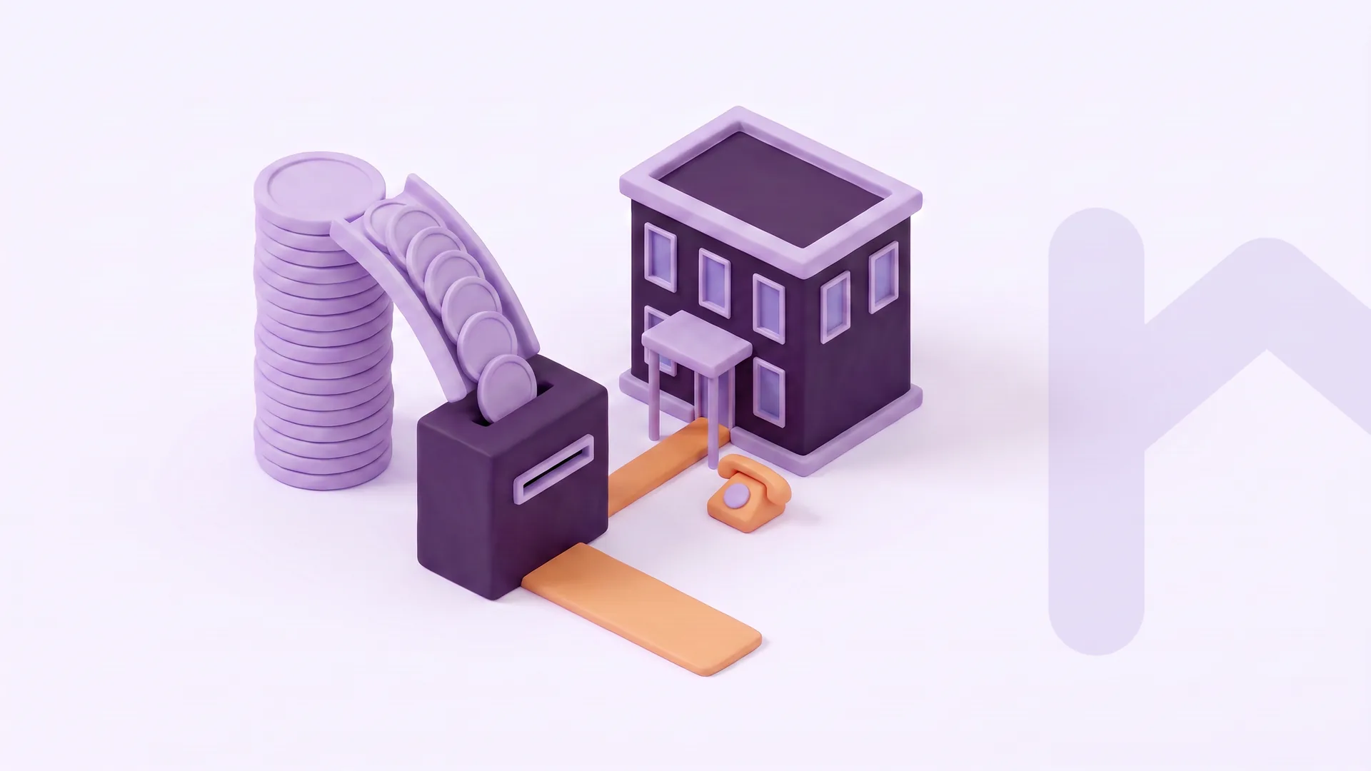 Soft-3D-Illustration: ein Stapel Münzen, von dem ein Teil in ein Portal abfließt, daneben ein Telefon, dessen Weg direkt zum Hotel führt