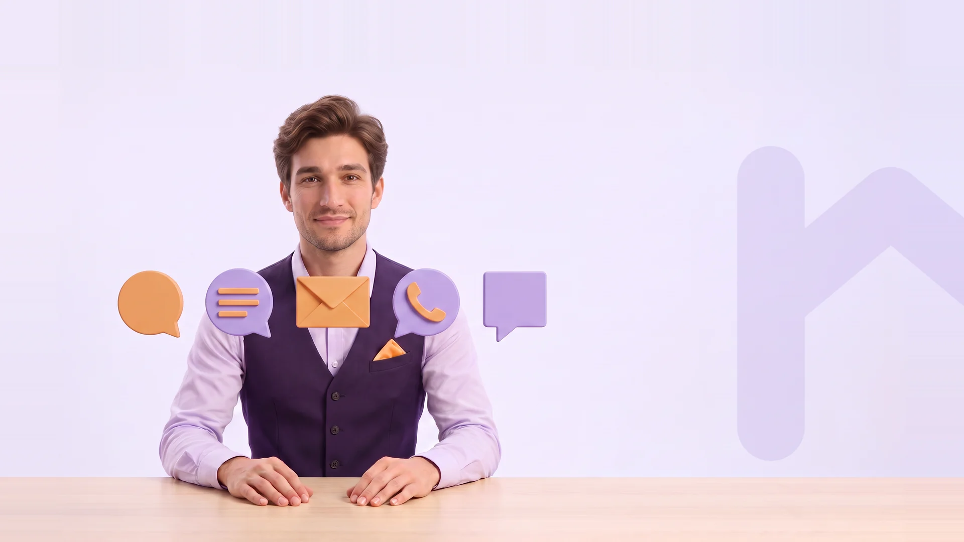 Soft-3D-Illustration: Felix sitzt an einem Tisch vor fünf Sprechblasen in einer Reihe — Chat, Nachricht, E-Mail, Telefon — und ordnet sie
