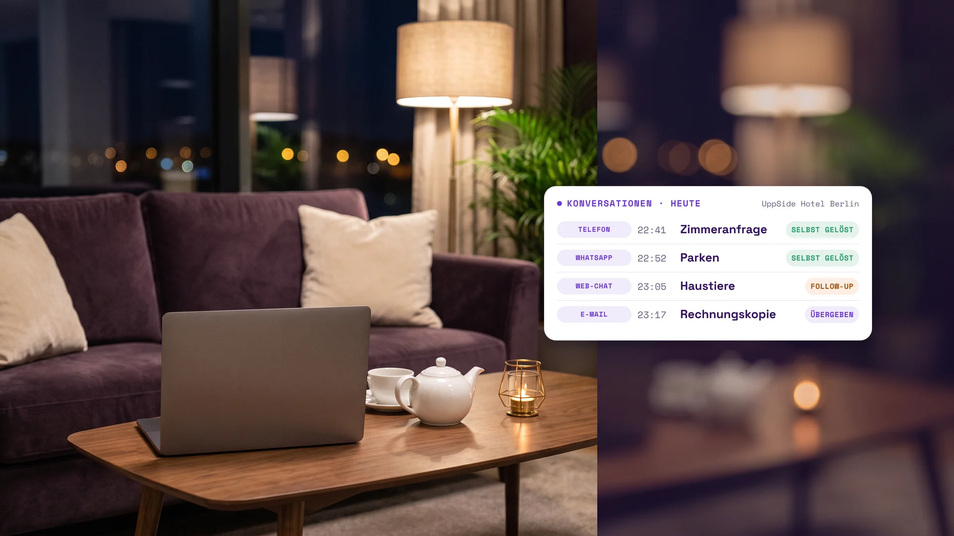 Hotellounge am Abend mit Laptop auf dem Couchtisch, daneben die HostUpp-Oberfläche: vier Gästeanfragen über Telefon, WhatsApp, Web-Chat und E-Mail.