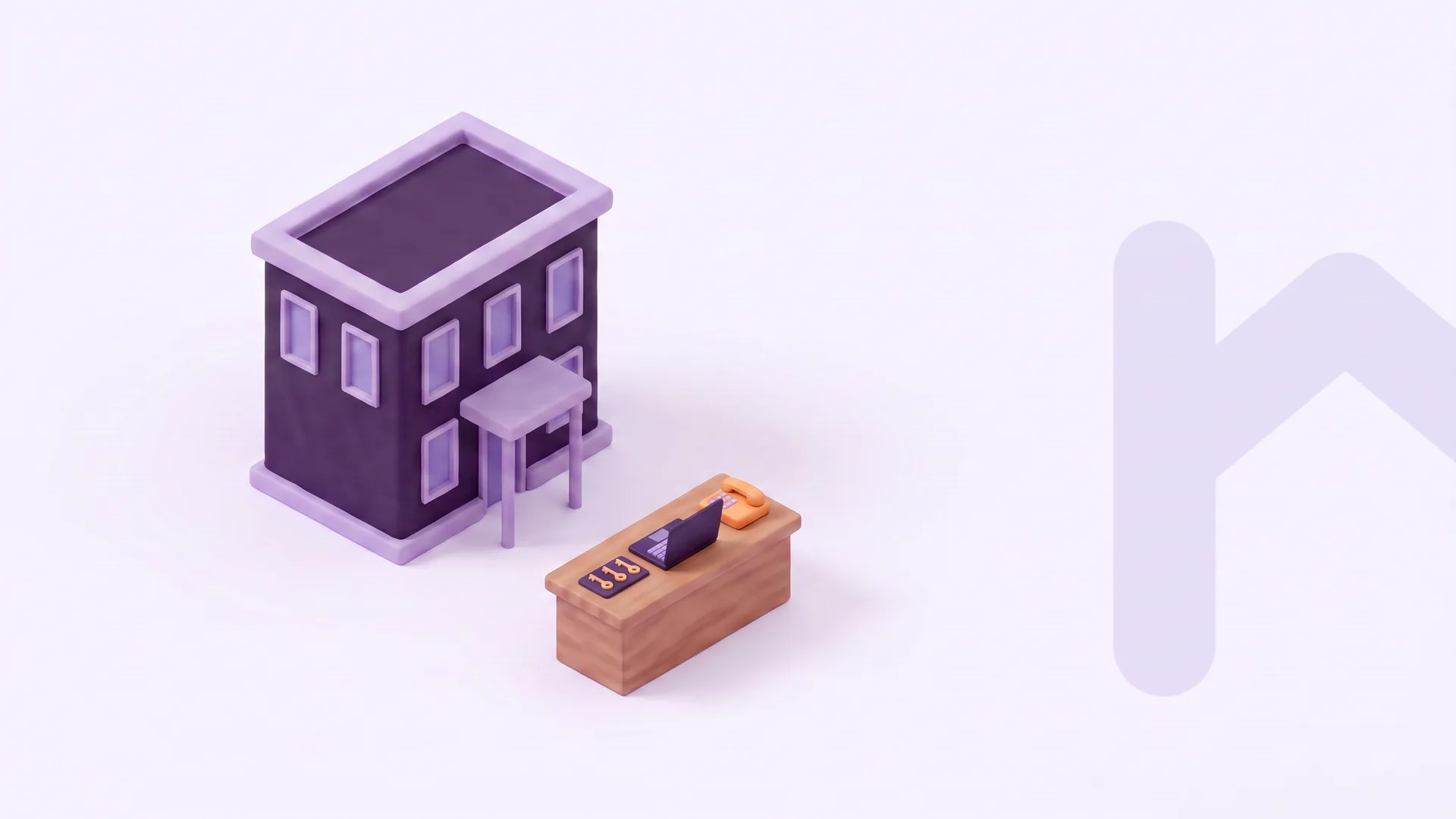 Soft-3D-Illustration eines kleinen Hotels mit wenigen Fenstern, davor ein aufgeräumter Tresen mit Laptop, Telefon und Schlüsselbrett