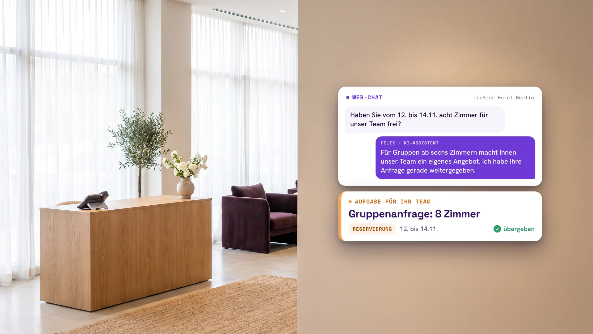 Helle Hotellobby mit Empfangstresen aus Holz, daneben ein Web-Chat des UppSide Hotel Berlin: Ein Gast fragt nach acht Zimmern vom 12. bis 14.11., Felix als KI-Assistent gibt die Gruppenanfrage als Aufgabe an das Team weiter.