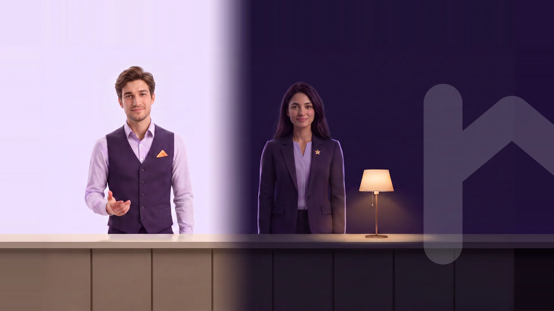 Hotelempfang als Soft-3D-Illustration: links am Tag Felix mit Willkommensgeste, rechts in der Nacht Stella am selben Tresen, dazwischen ein Telefon