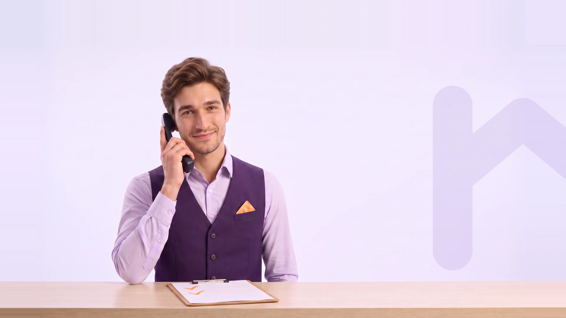 Soft-3D-Illustration: Felix steht hinter einem hellen Hoteltresen und hält einen Telefonhörer, daneben ein Klemmbrett mit abgehakter Checkliste