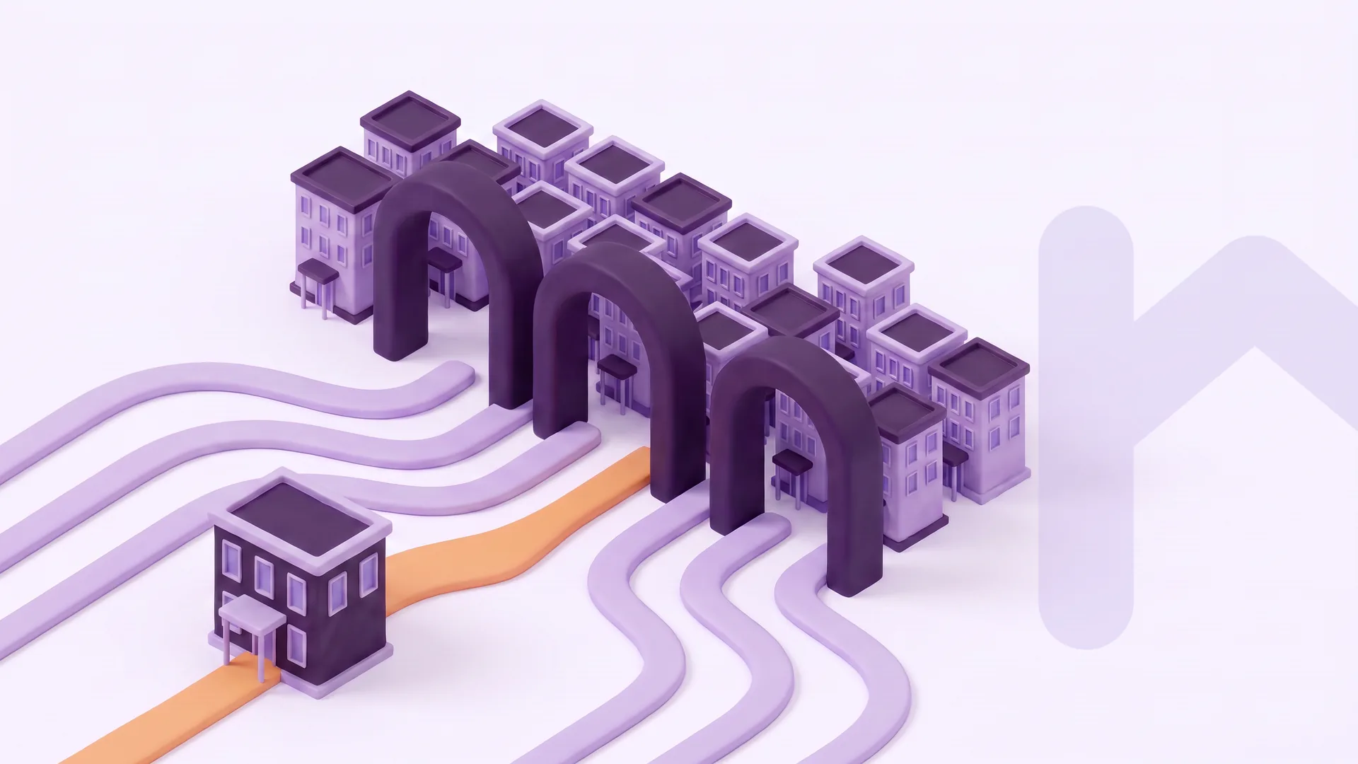 Soft-3D-Illustration: drei große Portale als Torbögen, dahinter viele kleine Hotels; ein Weg führt an den Bögen vorbei direkt zu einem Hotel