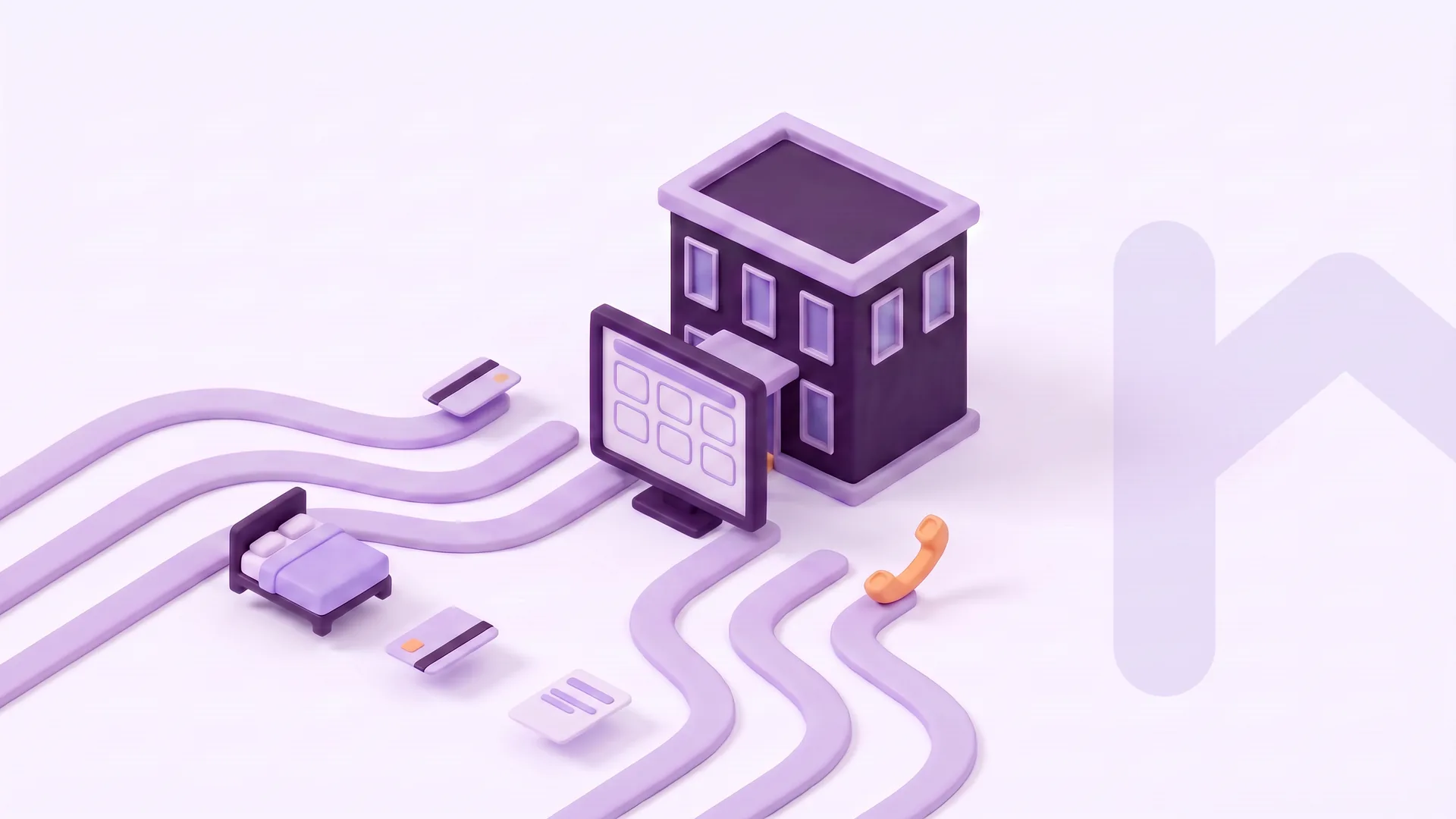 Soft-3D-Illustration eines Hotelempfangs, in dessen Mitte ein Bildschirm mit Belegungsplan steht, umgeben von verbundenen Bausteinen für Buchung, Zimmer und Rechnung