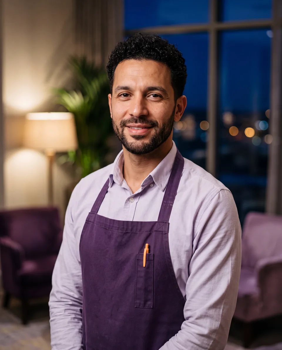 Hugo, digitaler F&B-Manager, am Abend in einer Hotellobby